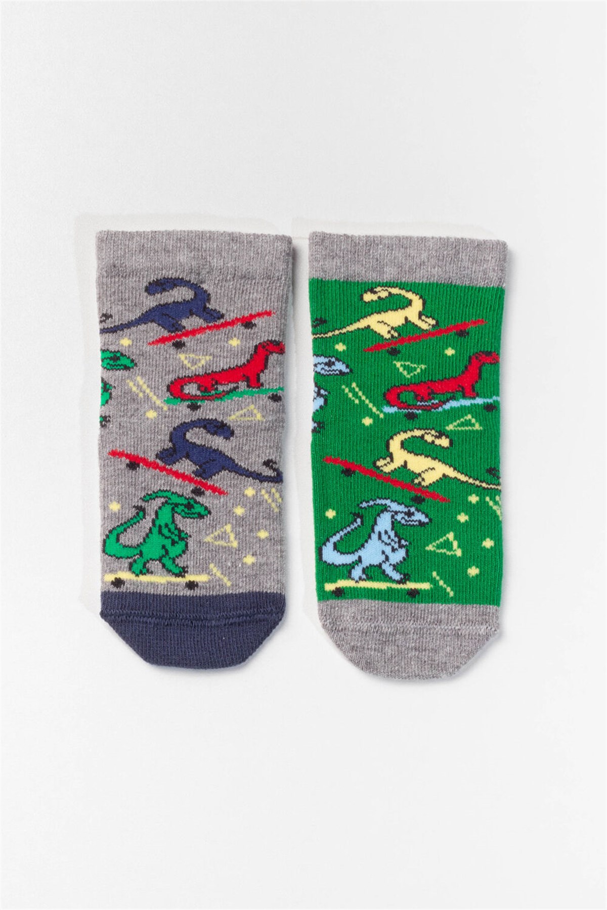 2'Li Paket Renkli Dinazor Desenli Bebek Çorabı-GREY/Lacivert