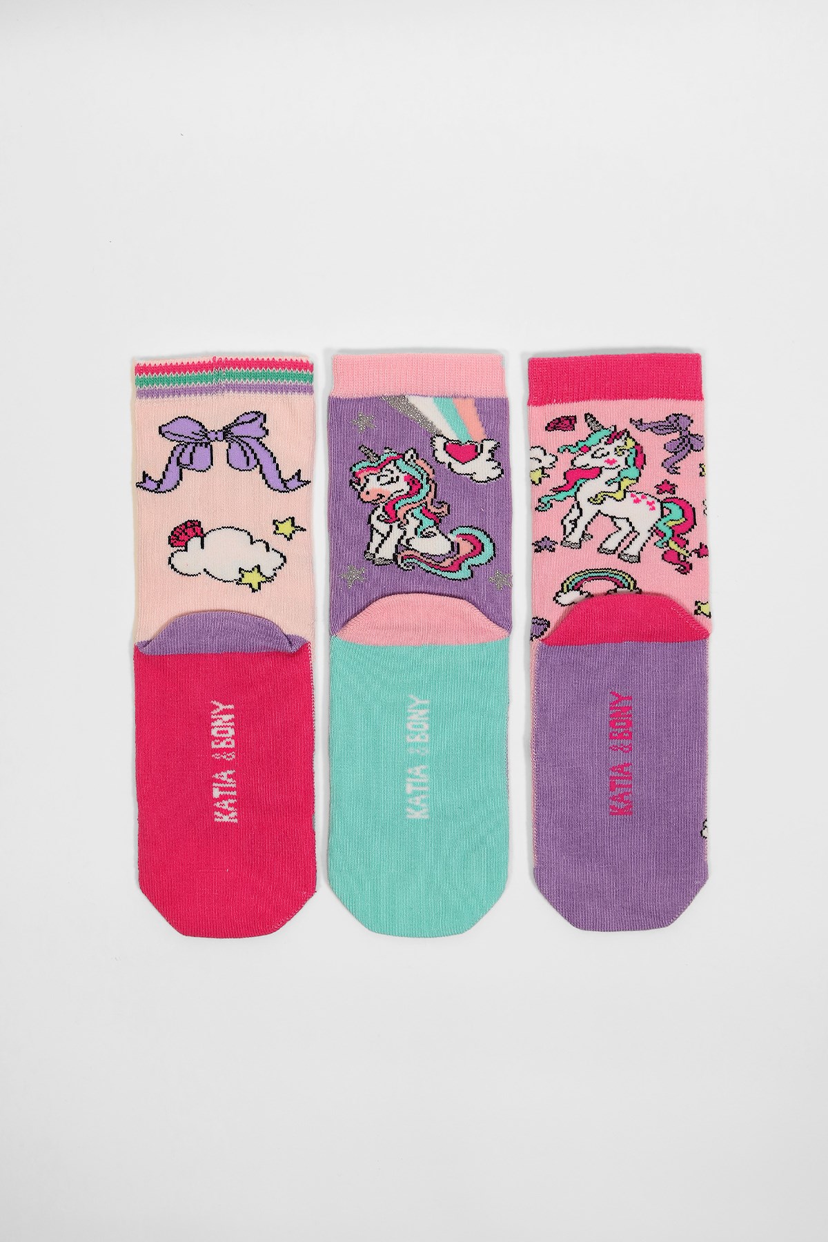 3lü Paket Over The Rainbow Kutulu Kız Çocuk Soket Çorap Desenli
