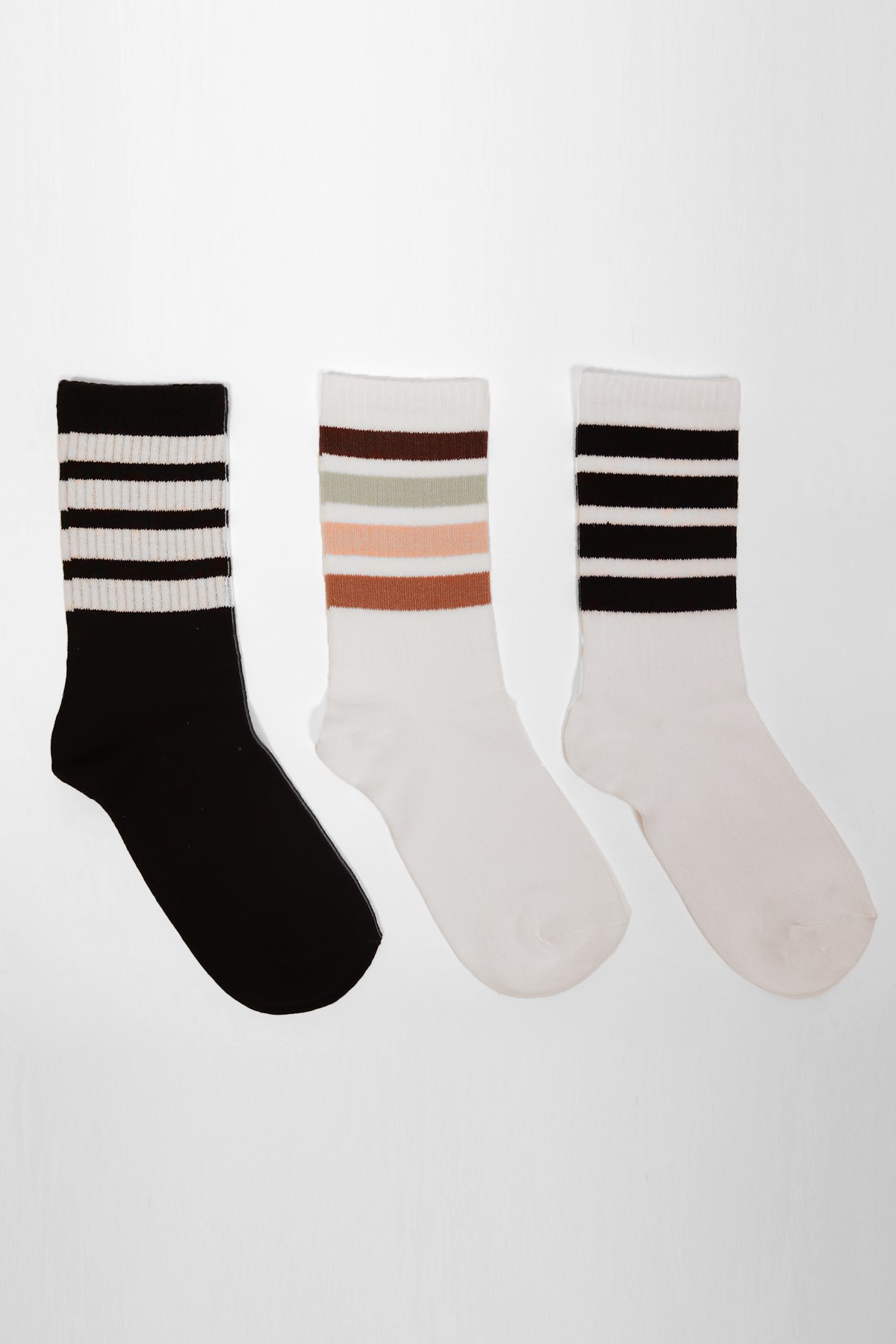 3'lü Paket Şeritli Kadın Soket Çorap Siyah/Beyaz