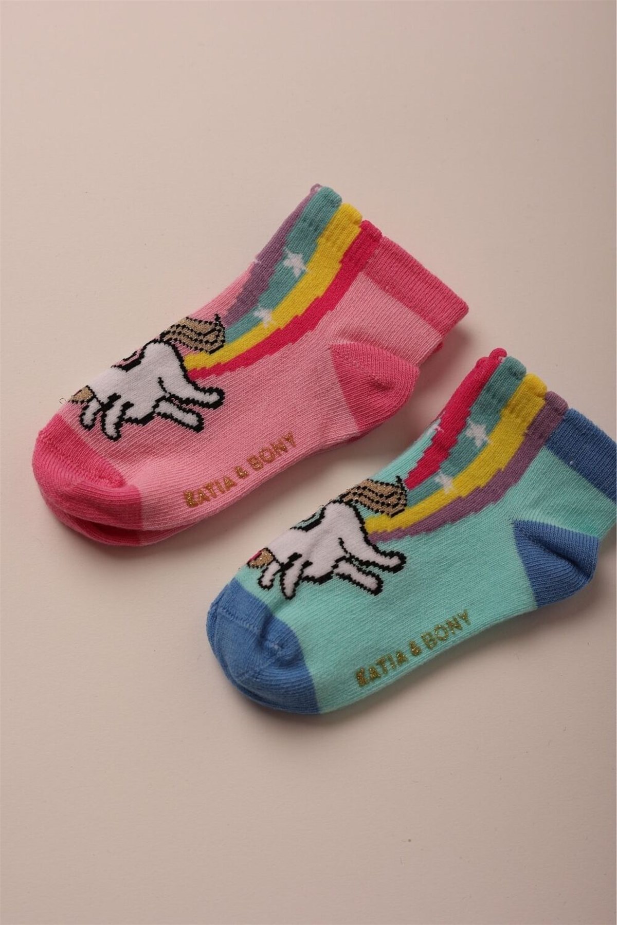 2 li Paket Funny Unicorn Bebek Step Çorap Yeşil/Pembe